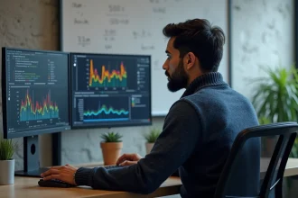 Data scientist analysant des graphiques de corrélation et des courbes de performance de modèles machine learning sur deux écrans dans un bureau moderne