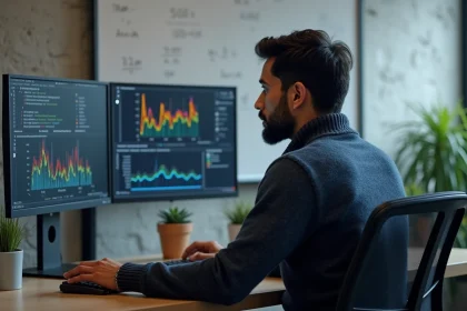 Data scientist analysant des graphiques de corrélation et des courbes de performance de modèles machine learning sur deux écrans dans un bureau moderne