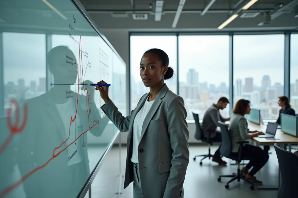 Ingénieure en machine learning expliquant le coefficient d'information et les métriques d'évaluation prédictive sur un tableau blanc dans un open space