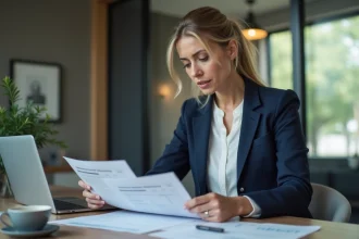 Femme professionnelle vérifiant des documents bancaires d'OLINDA Banque sur un bureau moderne