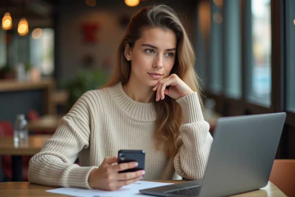 Jeune femme vérifiant la légitimité d'OLINDA Banque depuis un café avec laptop et smartphone