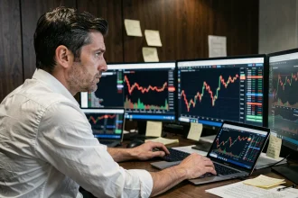 Analyste financier stressé devant des graphiques de chute de Solana sur écrans de trading