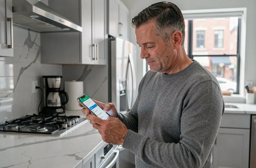 Homme consultant l'application mobile Cyberplus Banque Populaire Aquitaine sur son smartphone dans une cuisine moderne