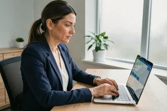 Femme utilisant l'interface Cyberplus de la Banque Populaire Centre Atlantique Aquitaine sur un ordinateur portable dans un bureau moderne