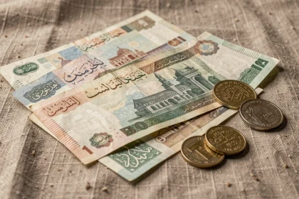 Billets et pièces de dirham des Émirats arabes unis disposés sur une surface en lin beige