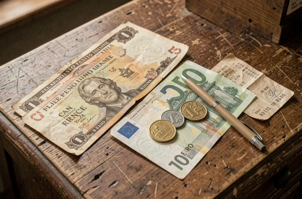 Composition de billets et pièces en francs français et euros sur une table en bois ancienne, illustrant la conversion monétaire historique
