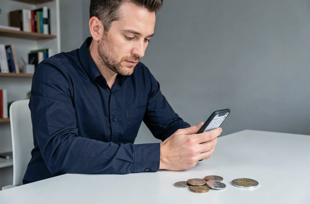 Homme utilisant une calculatrice de conversion sur smartphone avec des pièces de francs français et d'euros posées sur un bureau
