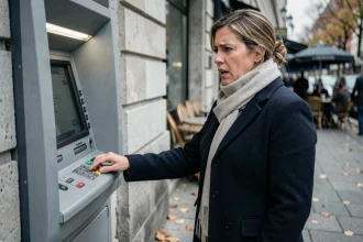 Femme frustrée devant un distributeur automatique dont la carte bancaire a été avalée en pleine rue