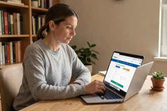 Femme effectuant un changement de RIB sur le portail France Travail depuis son bureau à domicile