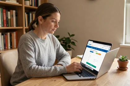 Femme effectuant un changement de RIB sur le portail France Travail depuis son bureau à domicile