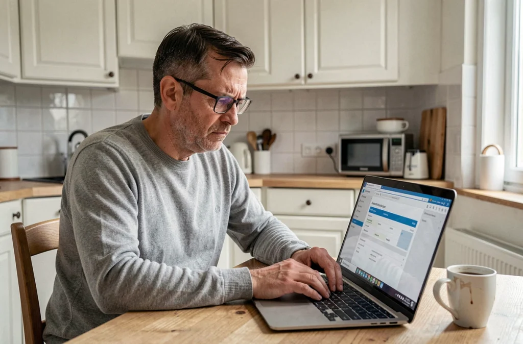 Homme consultant son espace bancaire en ligne sur un ordinateur portable depuis chez lui, visage marqué par la perplexité face à la disparition de sa carte e-CB