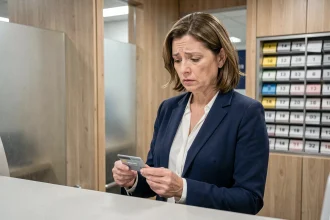 Cliente de La Banque Postale tenant sa carte bancaire avec une expression perplexe au guichet d'un bureau de poste moderne