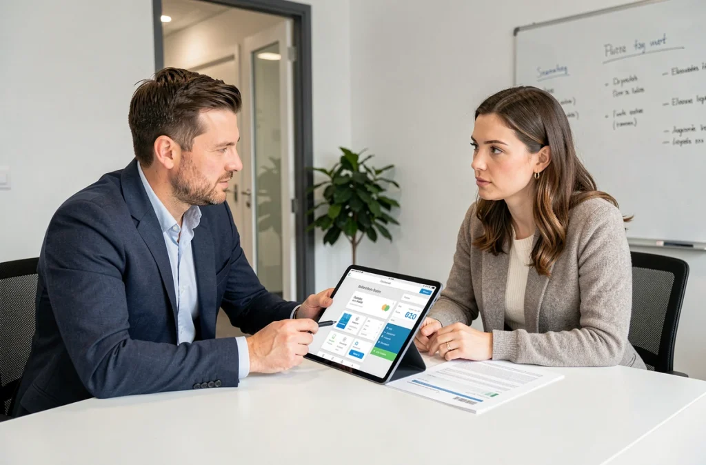 Deux collègues professionnels comparant l'espace client Progéliance et l'application SG Pro sur tablette en salle de réunion