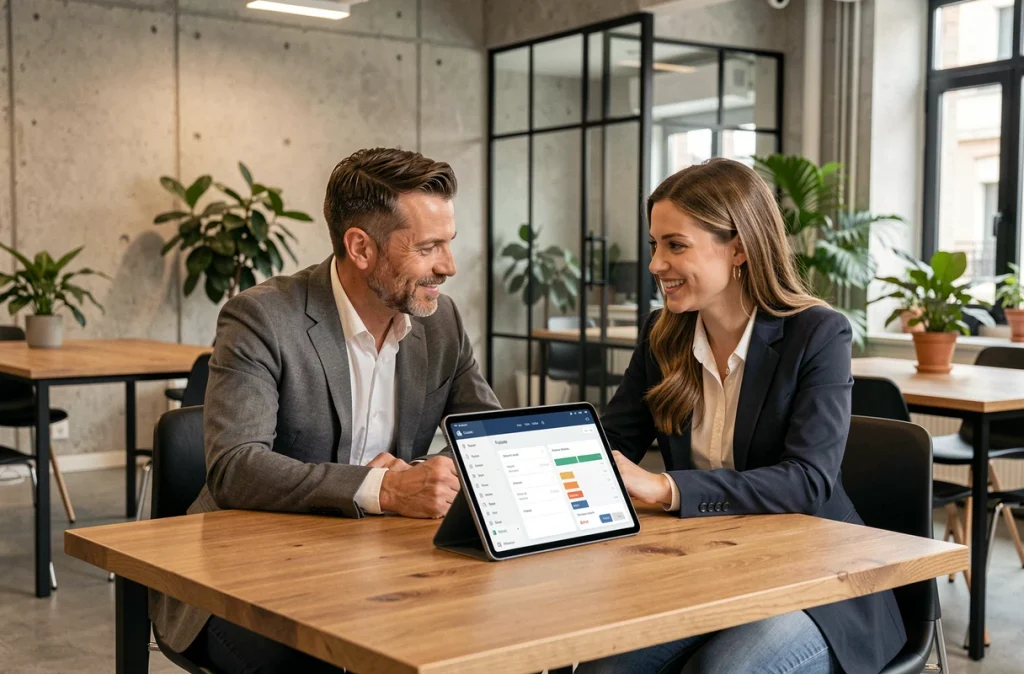 Deux collègues consultant une interface bancaire Rives de Paris Banque Populaire Cyberplus sur tablette dans un espace de co-working moderne à Paris