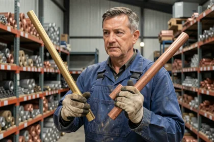 Métallurgiste comparant une barre en laiton et un tube en cuivre dans un entrepôt industriel