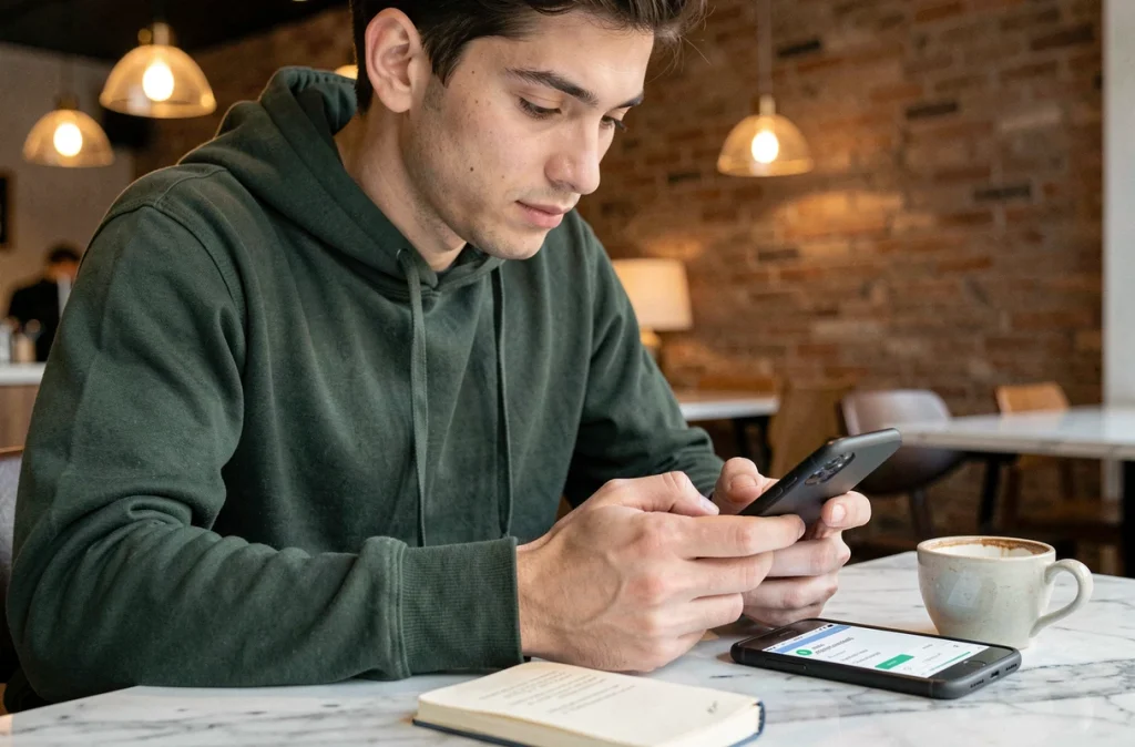 Jeune adulte configurant son accès Cyberplus bp du Sud sur smartphone dans un café