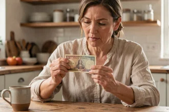 Femme tenant un ancien billet de franc français dans une cuisine, illustrant la conversion de 400 francs en euros