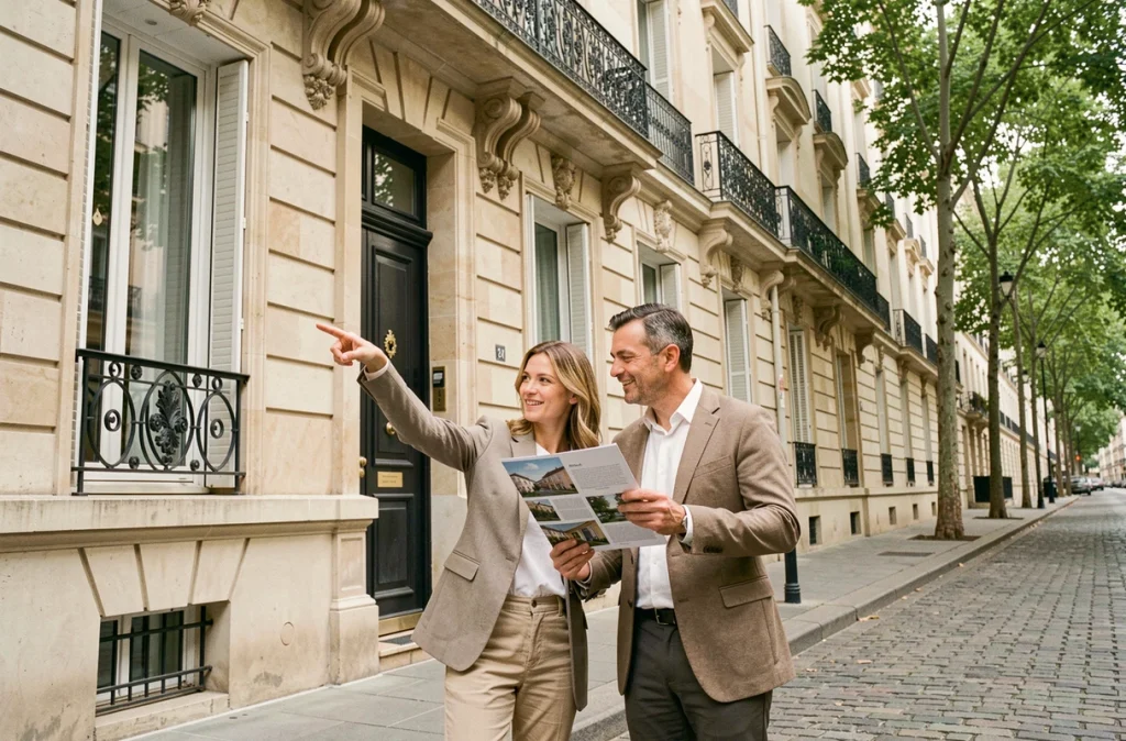 Couple d'acquéreurs devant un immeuble haussmannien étudiant un achat en nue-propriété à Paris