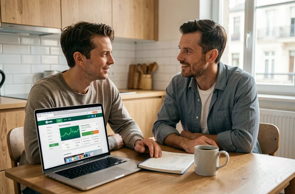 Couple comparant les placements financiers livret A, LEP et assurance vie depuis leur cuisine