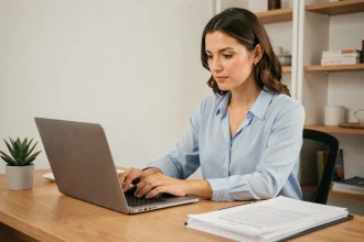 Femme créant son accès Cyberplus bp du Sud sur un ordinateur portable dans un bureau à domicile