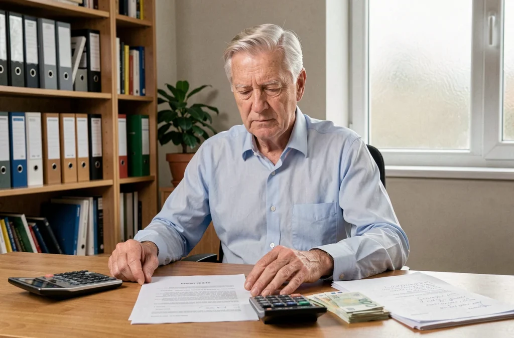 Homme âgé consultant des documents financiers liés à un don d'argent à la famille dans un bureau à domicile
