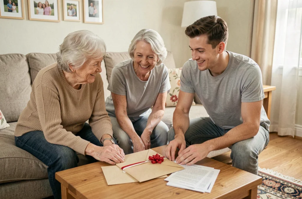 Famille multigénérationnelle échangeant une enveloppe cadeau d'argent dans un salon chaleureux