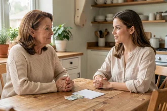 Mère et fille adulte discutant d'un don d'argent familial autour d'une table avec une enveloppe et des billets