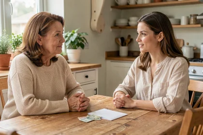 Mère et fille adulte discutant d'un don d'argent familial autour d'une table avec une enveloppe et des billets