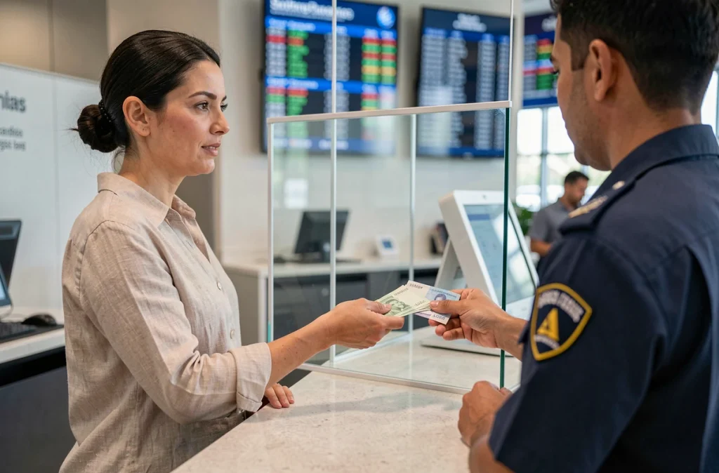 Femme échangeant des dirhams dans un bureau de change moderne à Dubaï