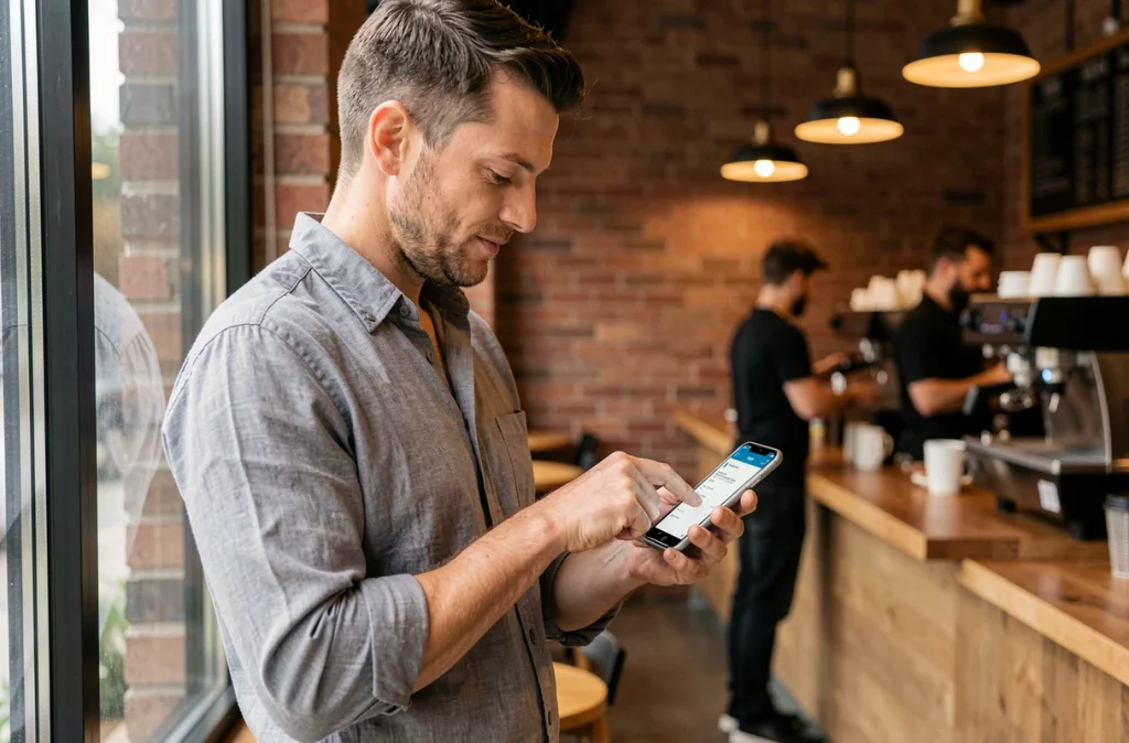 Entrepreneur utilisant l'application mobile SG Pro sur smartphone dans un café urbain moderne