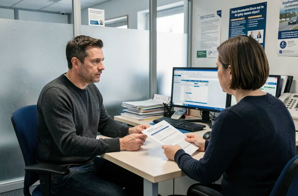 Homme en entretien avec un conseiller Pôle emploi pour comprendre les nouvelles règles de calcul de l'ARE en 2026