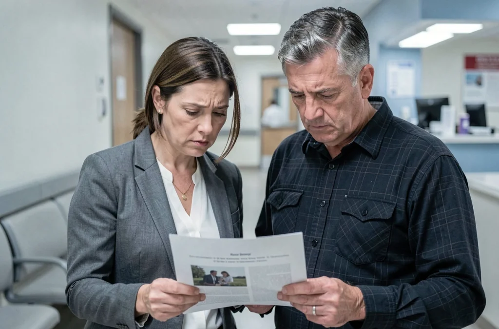 Deux membres d'une famille adulte consultant un document officiel dans un couloir d'hôpital lié à une tutelle