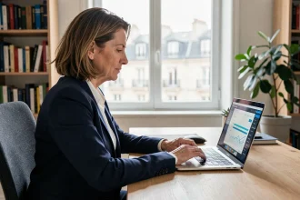 Femme professionnelle accédant à son compte bancaire Rives de Paris Banque Populaire Cyberplus sur un ordinateur portable depuis son domicile parisien