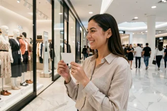 Femme tenant une carte cadeau Bimpli CADO dans un centre commercial multi-boutiques moderne