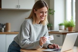 Femme utilisant une carte cadeau Kadéos Infini pour faire ses achats en ligne depuis sa cuisine