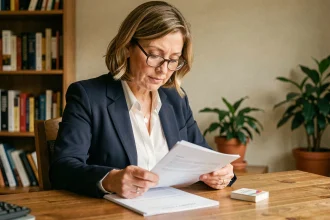 Femme consultant des documents financiers sur un livret A et une assurance vie à son bureau à domicile