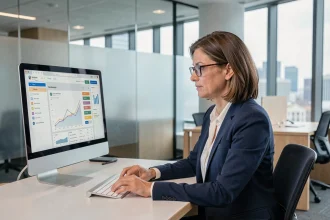 Femme professionnelle consultant l'espace client bancaire Progéliance sur ordinateur de bureau dans un bureau moderne