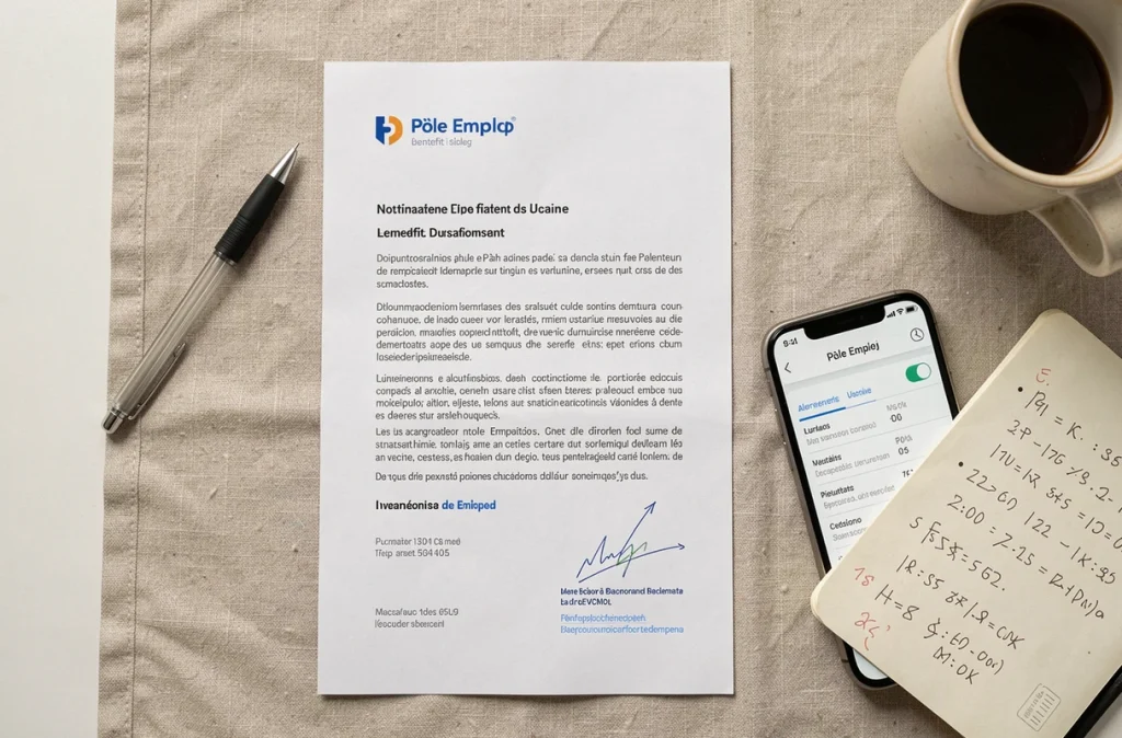 Vue de dessus d'une lettre Pôle Emploi, smartphone et notes manuscrites sur le calcul de l'allocation chômage ARE 2026