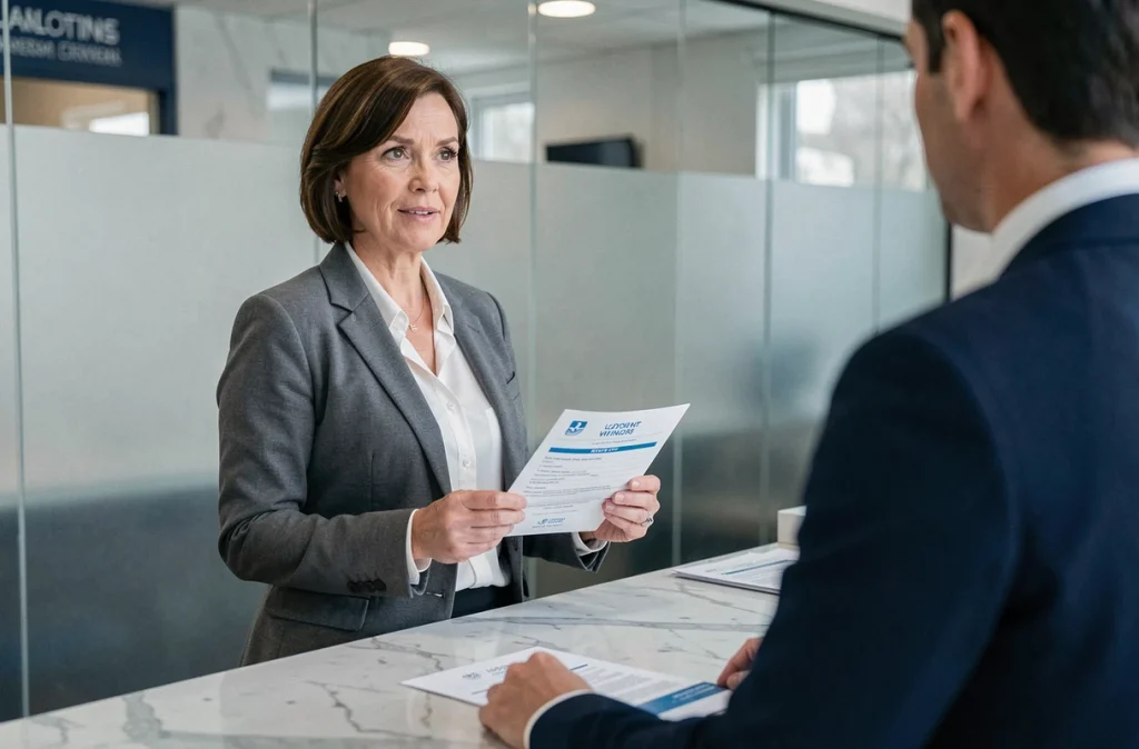 Femme réclamant un gain FDJ important au guichet d'une banque avec confirmation de virement