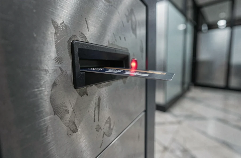 Gros plan sur le lecteur de carte d'un distributeur automatique ayant avalé une carte bancaire