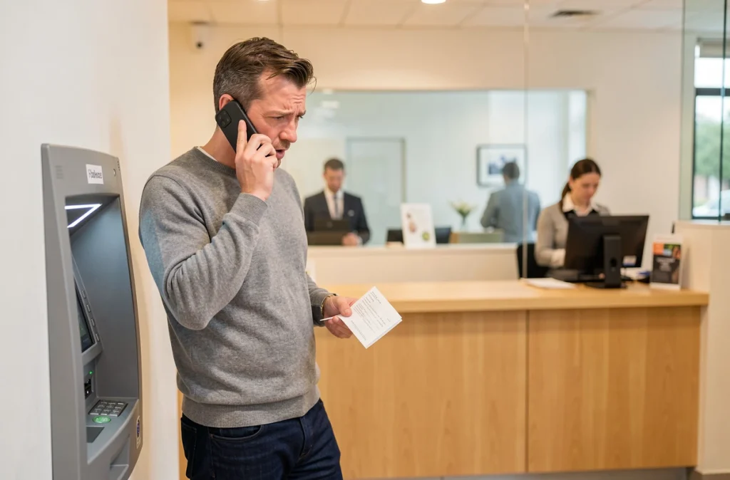 Homme appelant sa banque depuis son téléphone après avoir vu sa carte avalée par un distributeur automatique