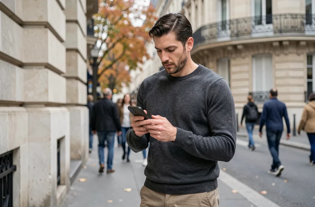 Homme consultant son application mobile Cyberplus Banque Populaire dans une rue parisienne avec architecture haussmannienne en arrière-plan