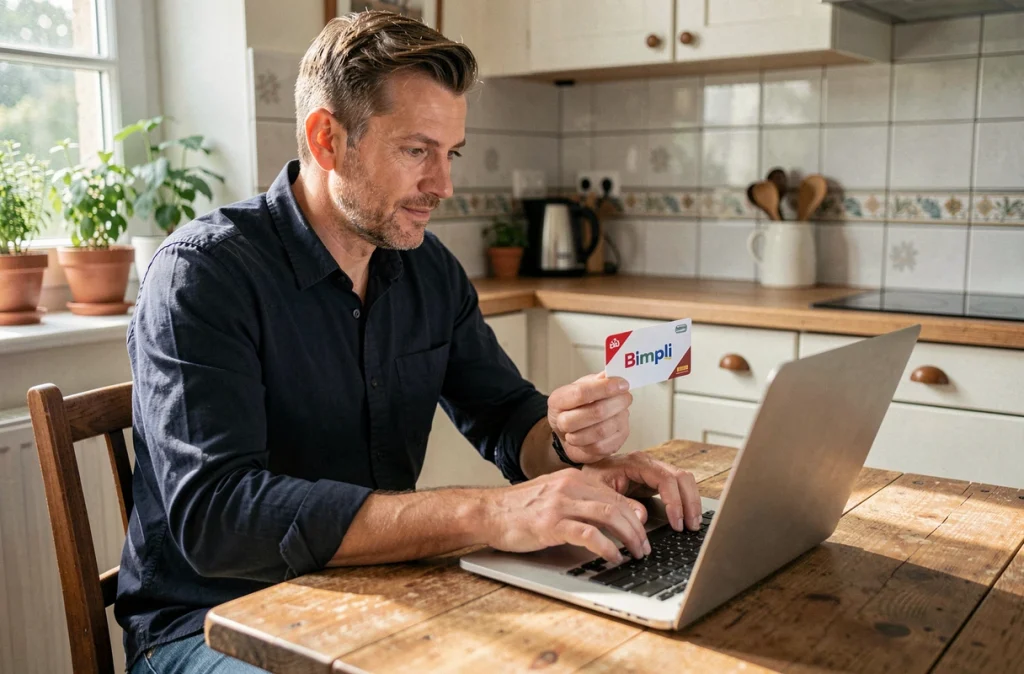 Homme utilisant sa carte Bimpli CADO en ligne depuis son domicile pour augmenter son pouvoir d'achat