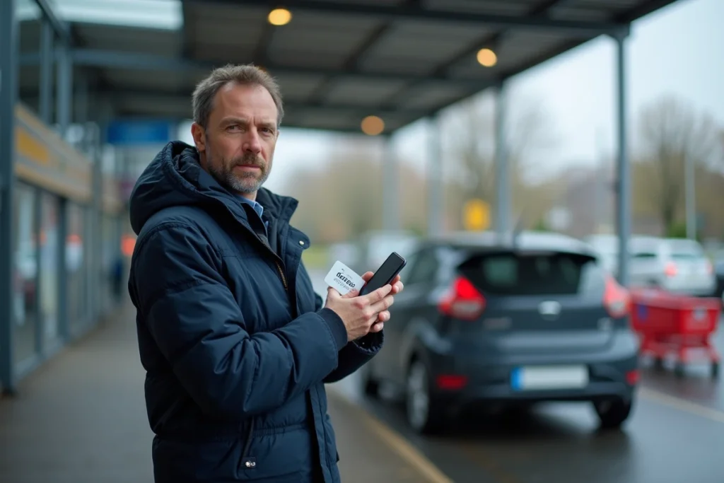 Homme récupérant sa commande drive en utilisant une enseigne Kadéos Infini au volant de sa voiture