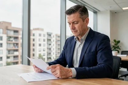 Investisseur immobilier analysant des documents de nue-propriété dans un bureau moderne avec vue sur la ville