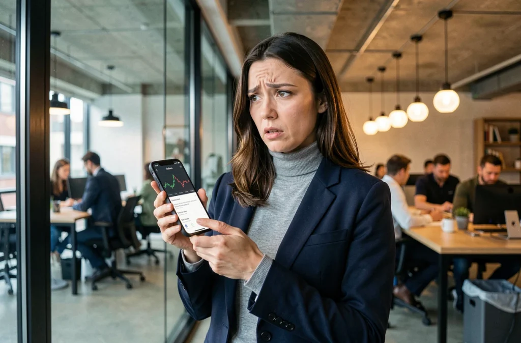 Investisseuse inquiète regardant une notification de chute de Solana sur smartphone dans un espace de coworking