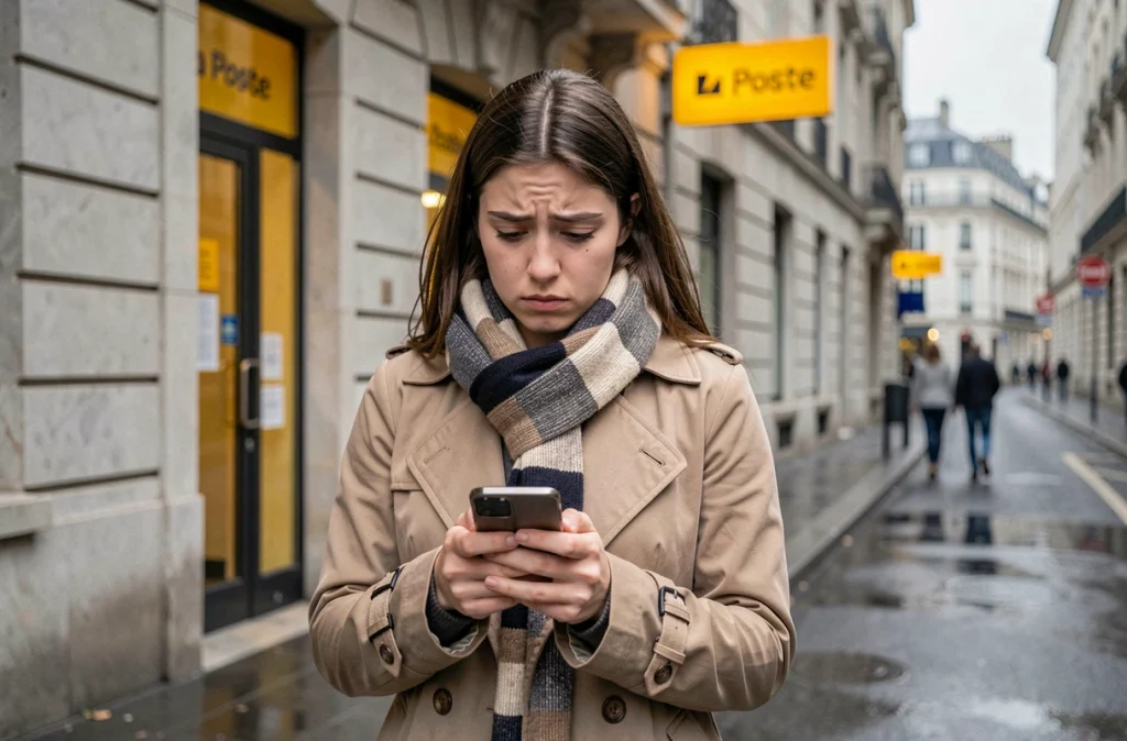 Jeune femme devant un bureau de La Poste consultant son téléphone avec perplexité après la suppression de sa carte e-CB Banque Postale
