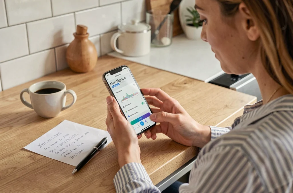 Jeune femme modifiant son RIB sur l'application mobile France Travail depuis sa cuisine pour éviter toute interruption de paiement