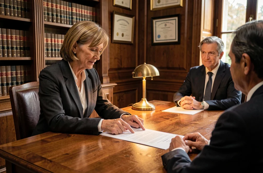 Notaire présentant un acte de vente en nue-propriété à des clients dans un bureau notarial traditionnel