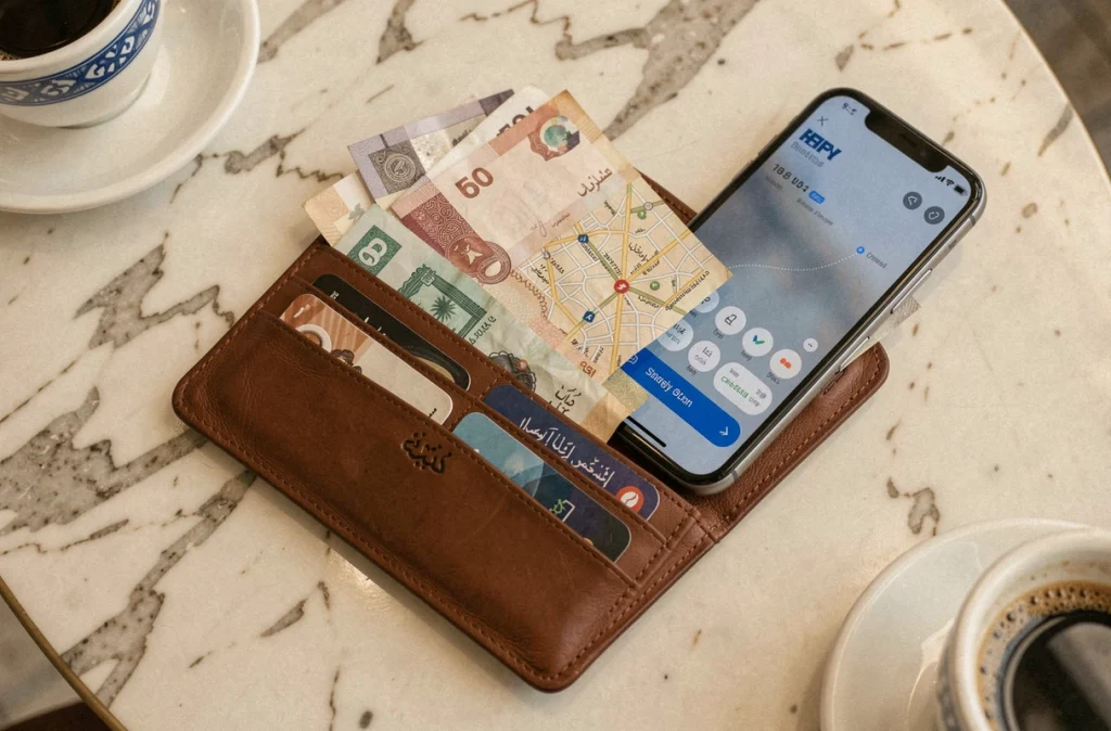 Portefeuille ouvert contenant des dirhams posé sur une table en marbre à Dubaï avec carte touristique